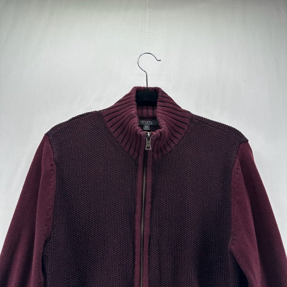 GUESS Cardigan Sweater Mens S Full Zip Mock Neck Cotton Knit Ribbed Trim Maroon - Picture 4 of 12